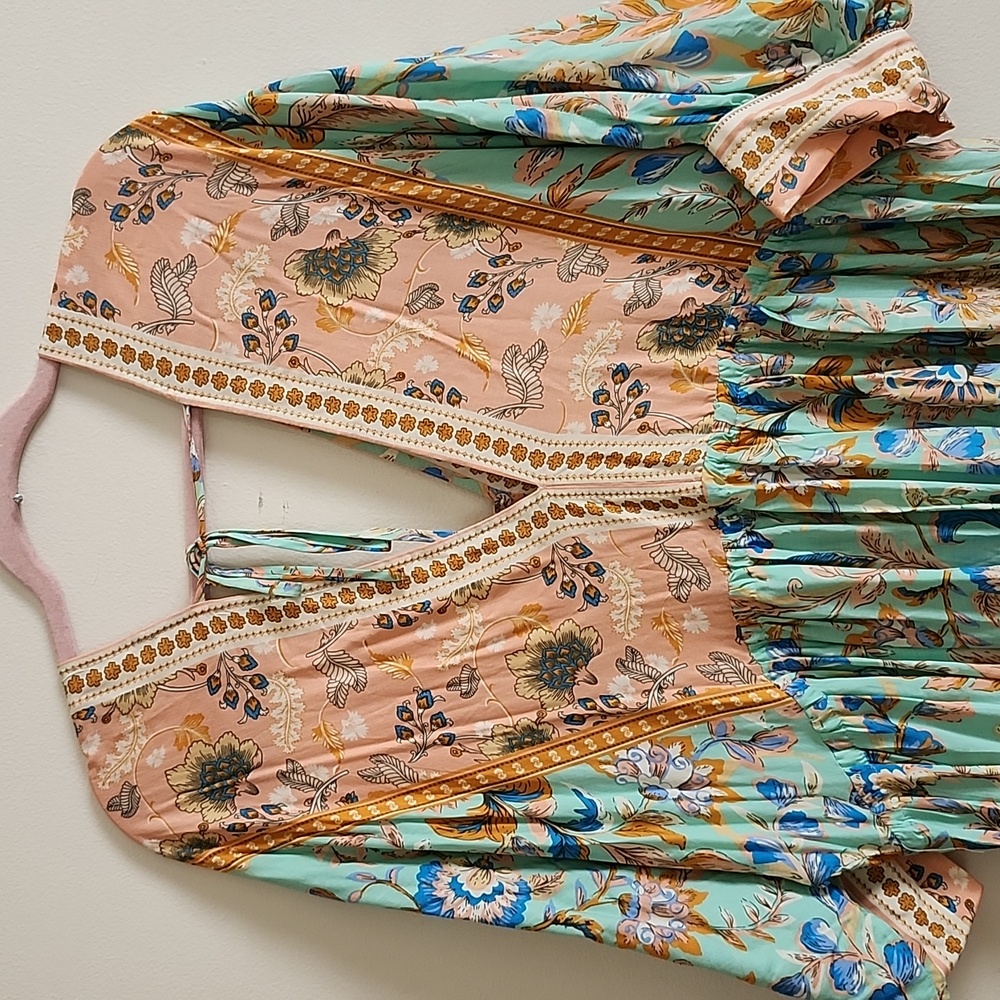 Floral Multicolor Maxi Dress Modesty Tie Balloon Sleeve 3/4  Front Slit Boho - Picture 8 of 9